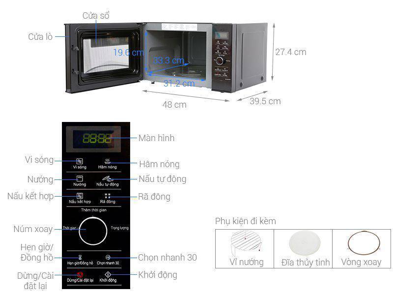 Kích thước lò vi sóng inverter Panasonic NN-GD37HBYUE 23 lít