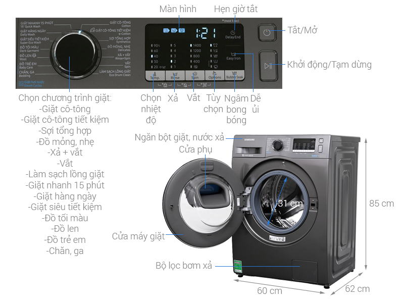 Kích thước máy giặt Samsung 9kg2