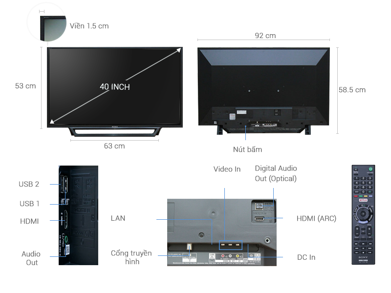  Kích thước tivi 40 inch của Samsung, Sony, Sharp, Asanzo, TCL