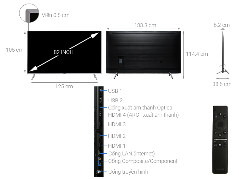 Kích thước tivi 82 inch của Samsung, LG, Sony chuẩn 100%